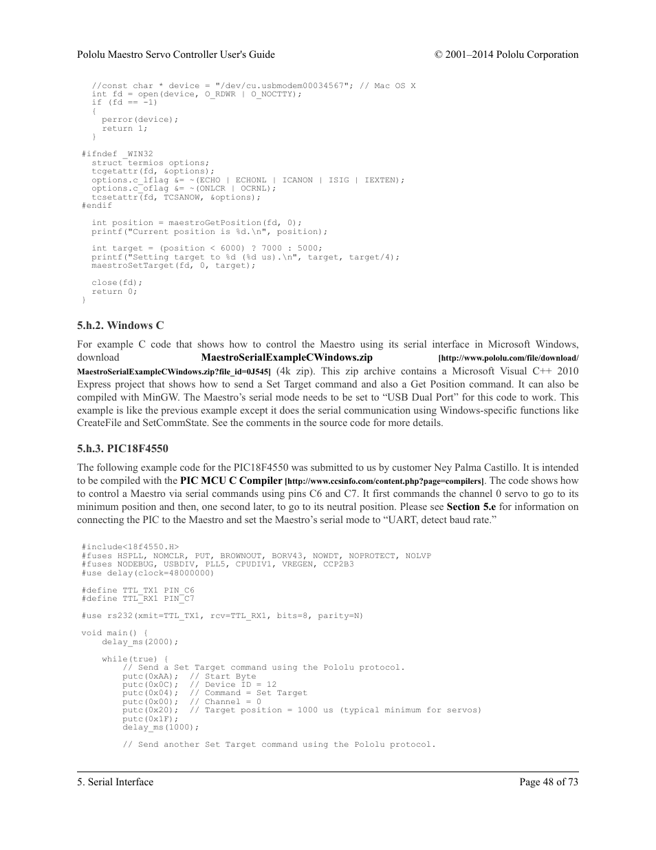 H.2. windows c, H.3. pic18f4550, H.2. windows c 5.h.3. pic18f4550 | Pololu Maestro User Manual | Page 48 / 73