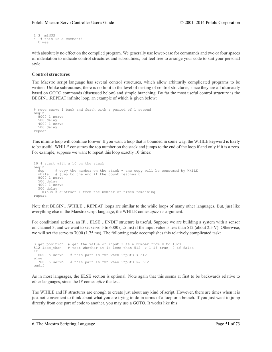 Control structures | Pololu Maestro User Manual | Page 51 / 73