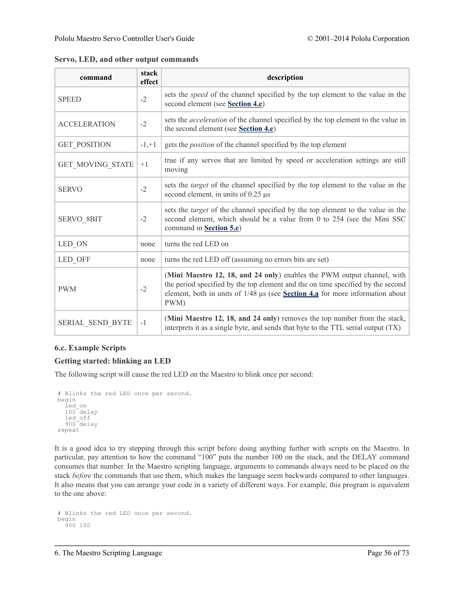 Servo, led, and other output commands, C. example scripts, Getting started: blinking an led | Pololu Maestro User Manual | Page 56 / 73