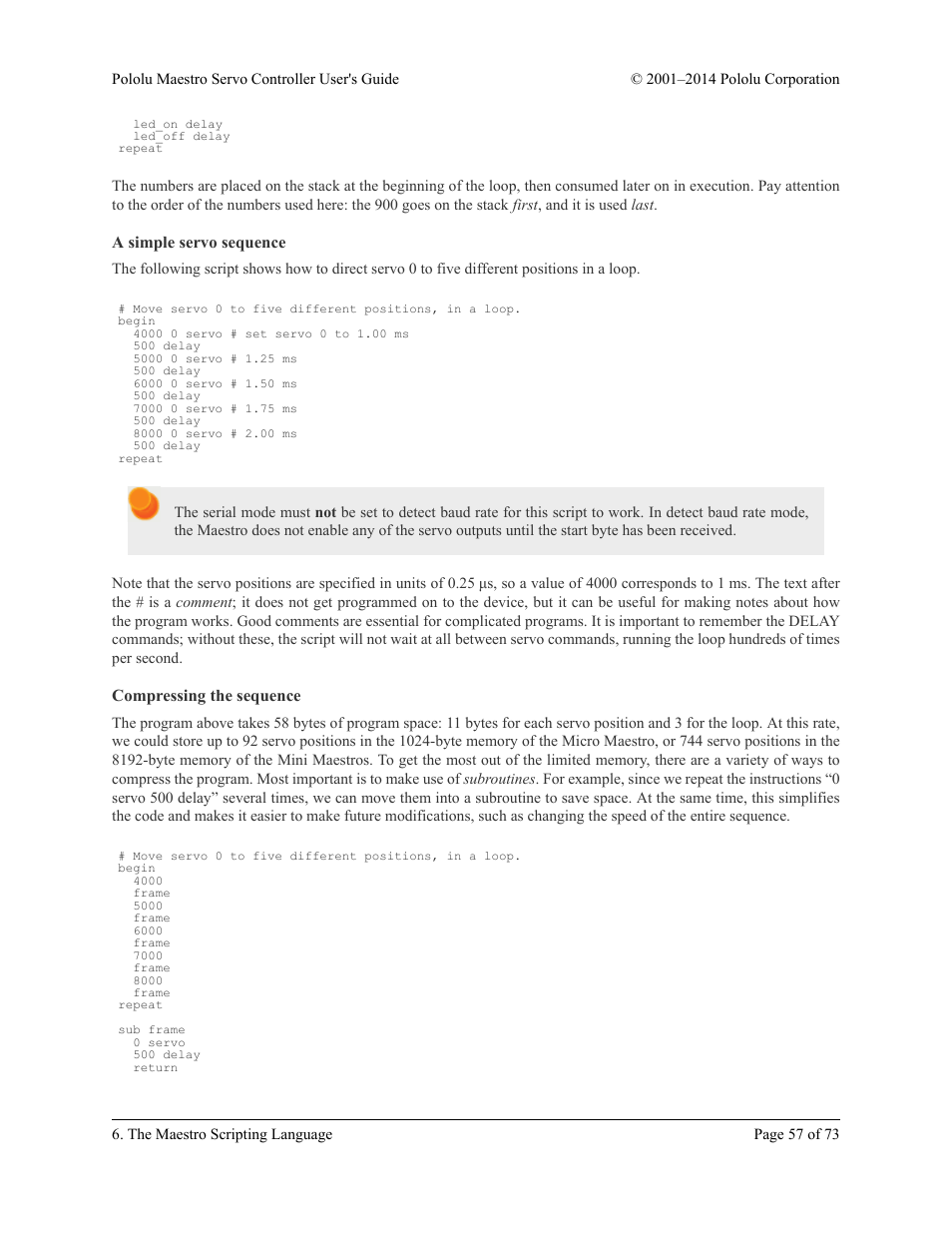 A simple servo sequence, Compressing the sequence | Pololu Maestro User Manual | Page 57 / 73