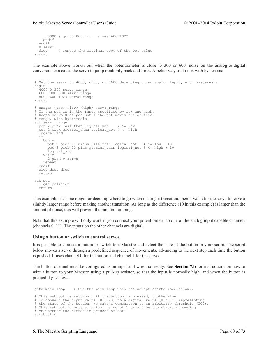 Using a button or switch to control servos | Pololu Maestro User Manual | Page 60 / 73