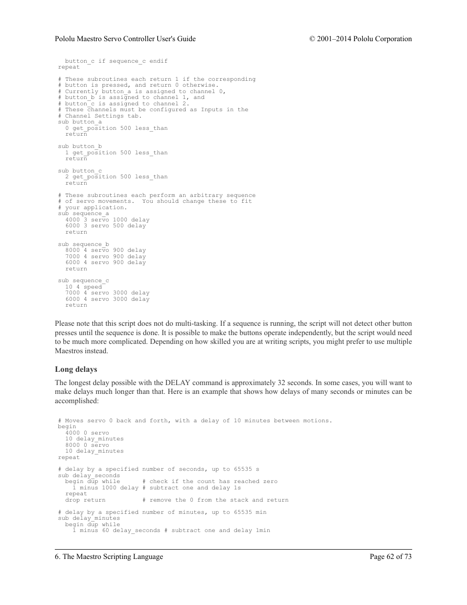 Long delays | Pololu Maestro User Manual | Page 62 / 73