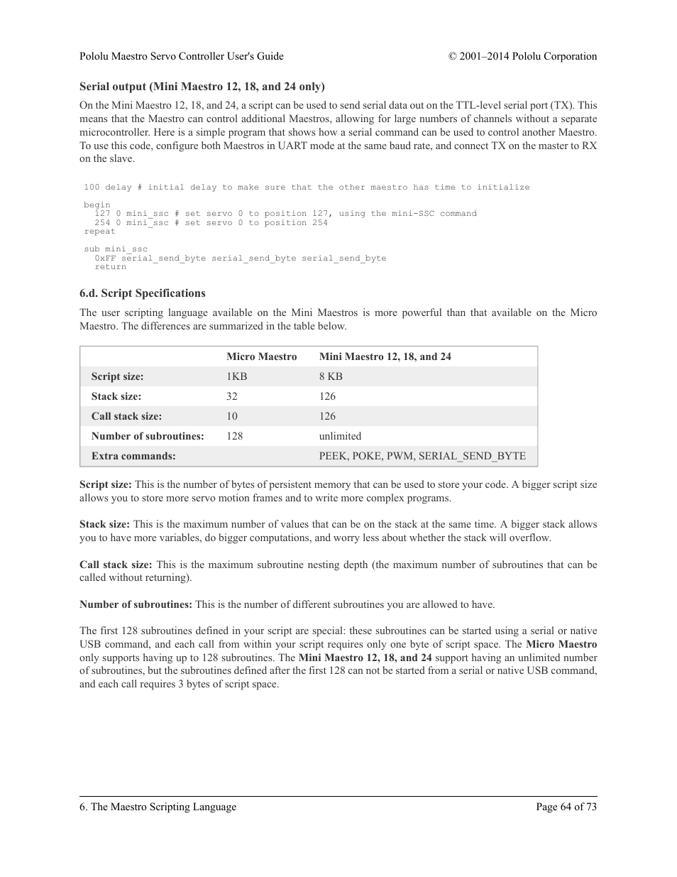 Serial output (mini maestro 12, 18, and 24 only), D. script specifications | Pololu Maestro User Manual | Page 64 / 73
