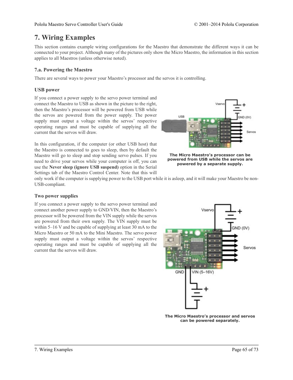 Wiring examples, A. powering the maestro, Usb power | Two power supplies | Pololu Maestro User Manual | Page 65 / 73