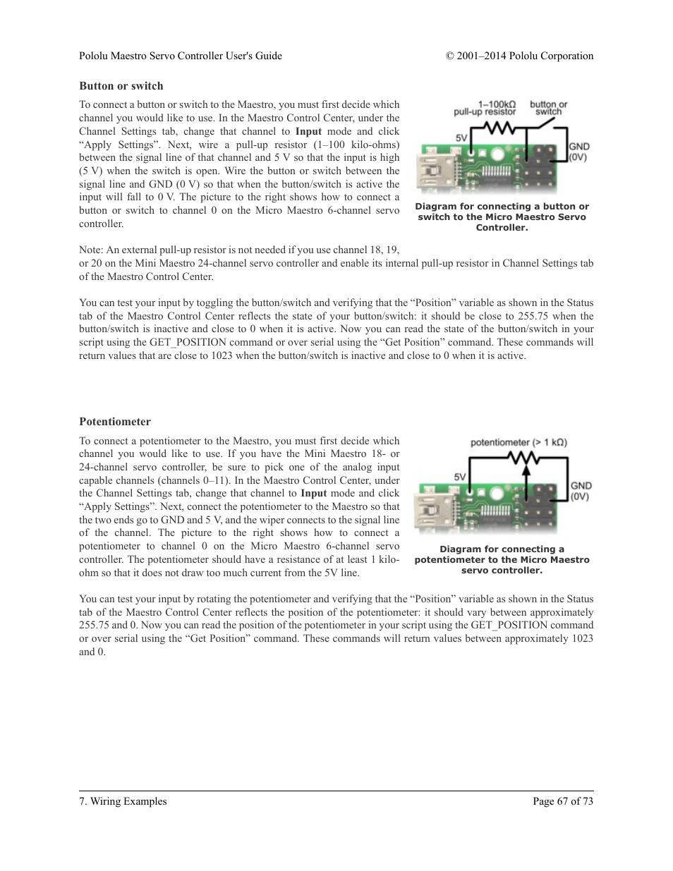Button or switch, Potentiometer | Pololu Maestro User Manual | Page 67 / 73
