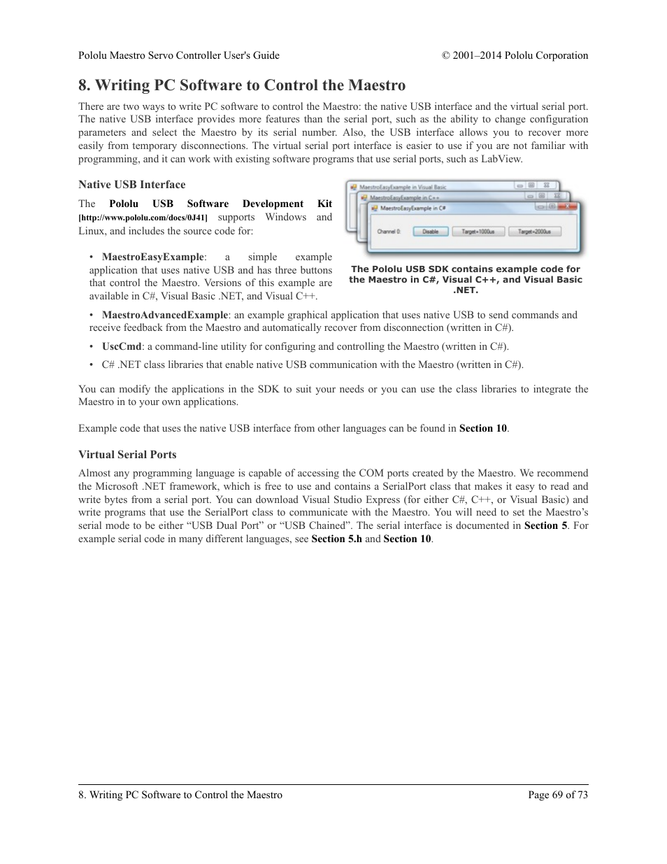 Writing pc software to control the maestro, Native usb interface, Virtual serial ports | Pololu Maestro User Manual | Page 69 / 73