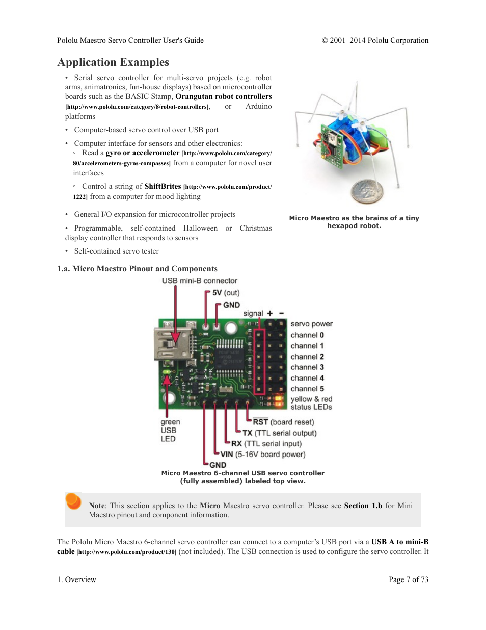 Application examples, A. micro maestro pinout and components | Pololu Maestro User Manual | Page 7 / 73