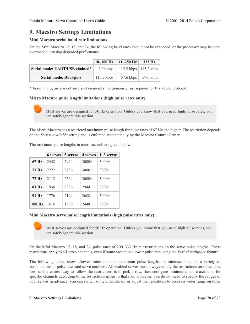 Maestro settings limitations, Mini maestro serial baud rate limitations, Section 9 | Pololu Maestro User Manual | Page 70 / 73