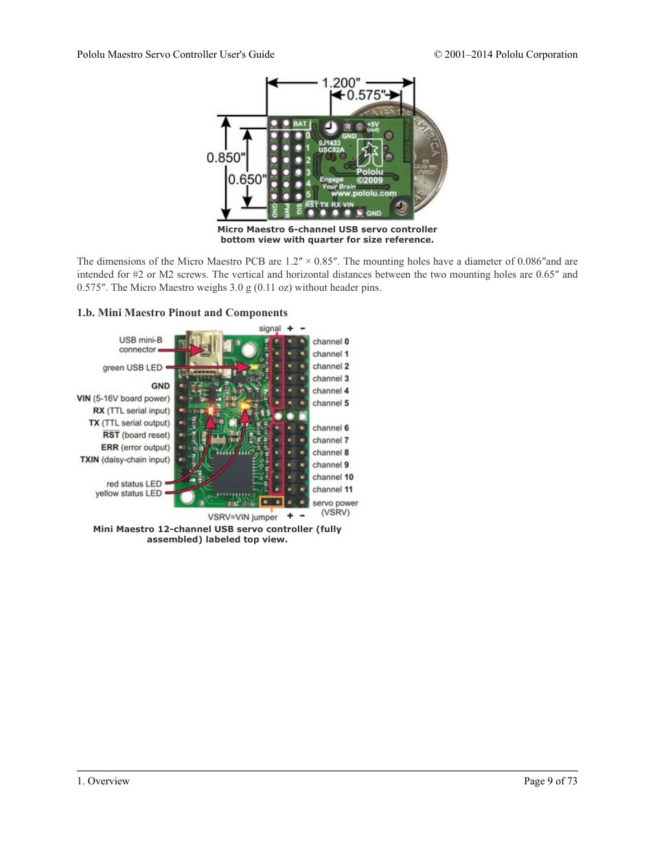 B. mini maestro pinout and components | Pololu Maestro User Manual | Page 9 / 73