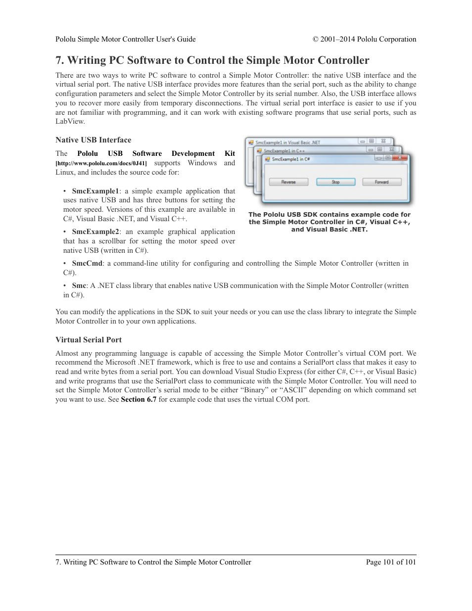 Native usb interface, Virtual serial port, Section 7 | Pololu Simple User Manual | Page 101 / 101