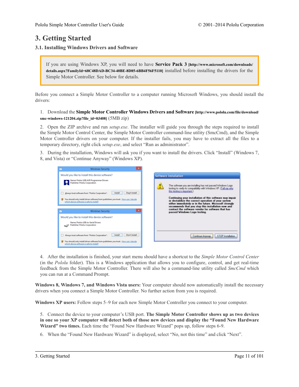 Getting started, Installing windows drivers and software | Pololu Simple User Manual | Page 11 / 101