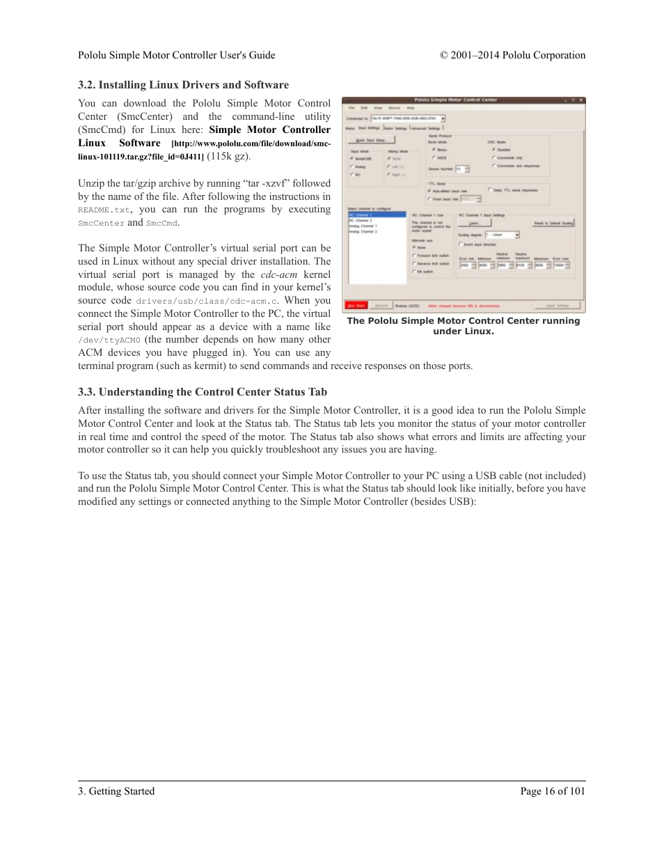 Installing linux drivers and software, Understanding the control center status tab | Pololu Simple User Manual | Page 16 / 101