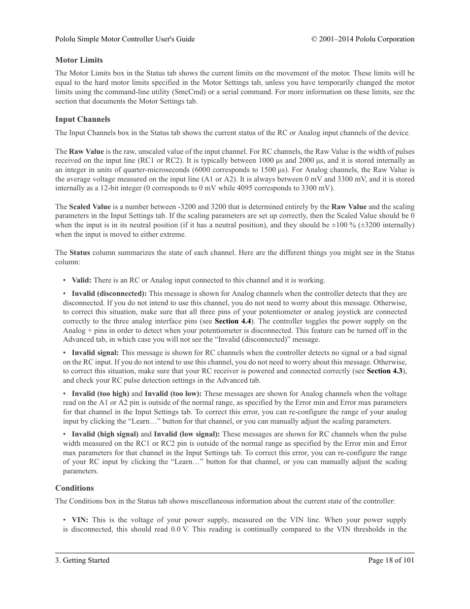 Motor limits, Input channels, Conditions | Pololu Simple User Manual | Page 18 / 101
