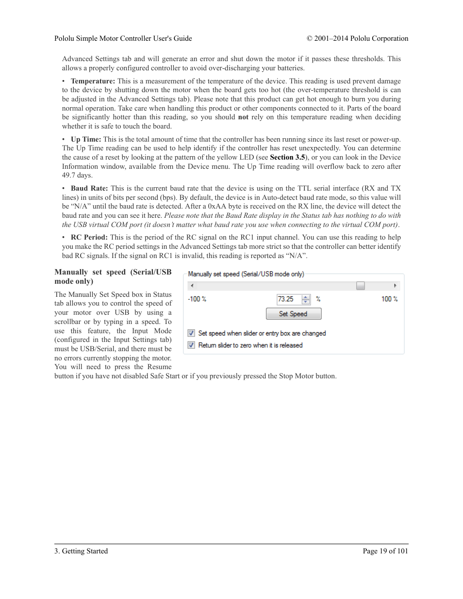 Manually set speed (serial/usb mode only) | Pololu Simple User Manual | Page 19 / 101