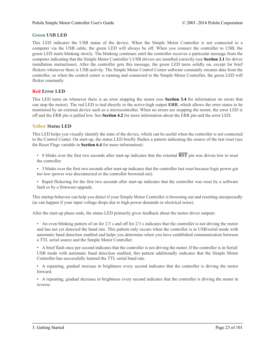 Green usb led, Red error led, Yellow status led | Pololu Simple User Manual | Page 23 / 101