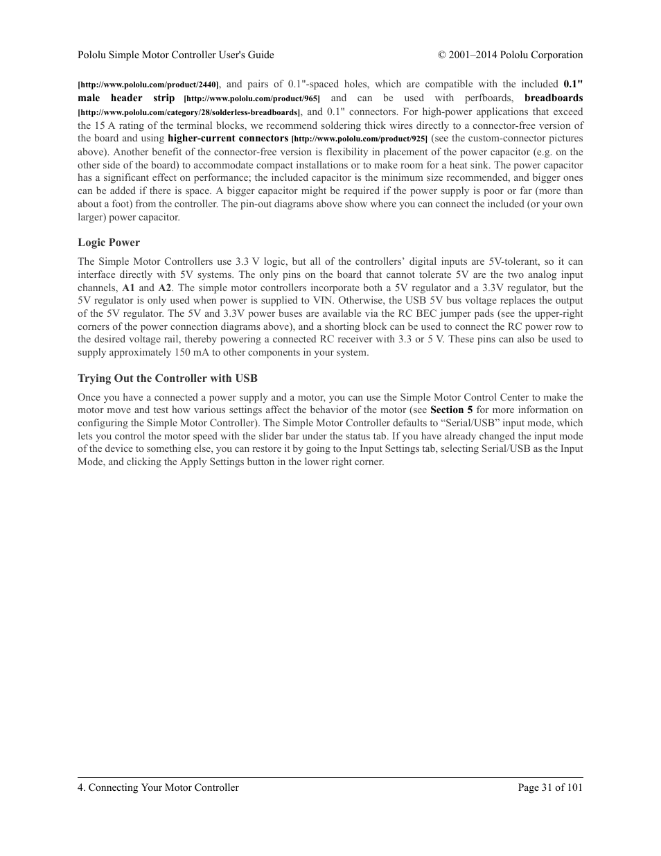 Logic power, Trying out the controller with usb | Pololu Simple User Manual | Page 31 / 101
