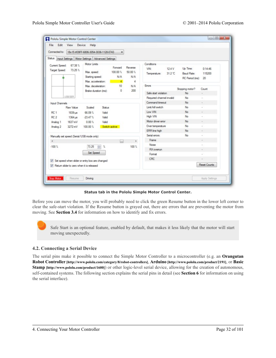Connecting a serial device, Section 4.2 | Pololu Simple User Manual | Page 32 / 101