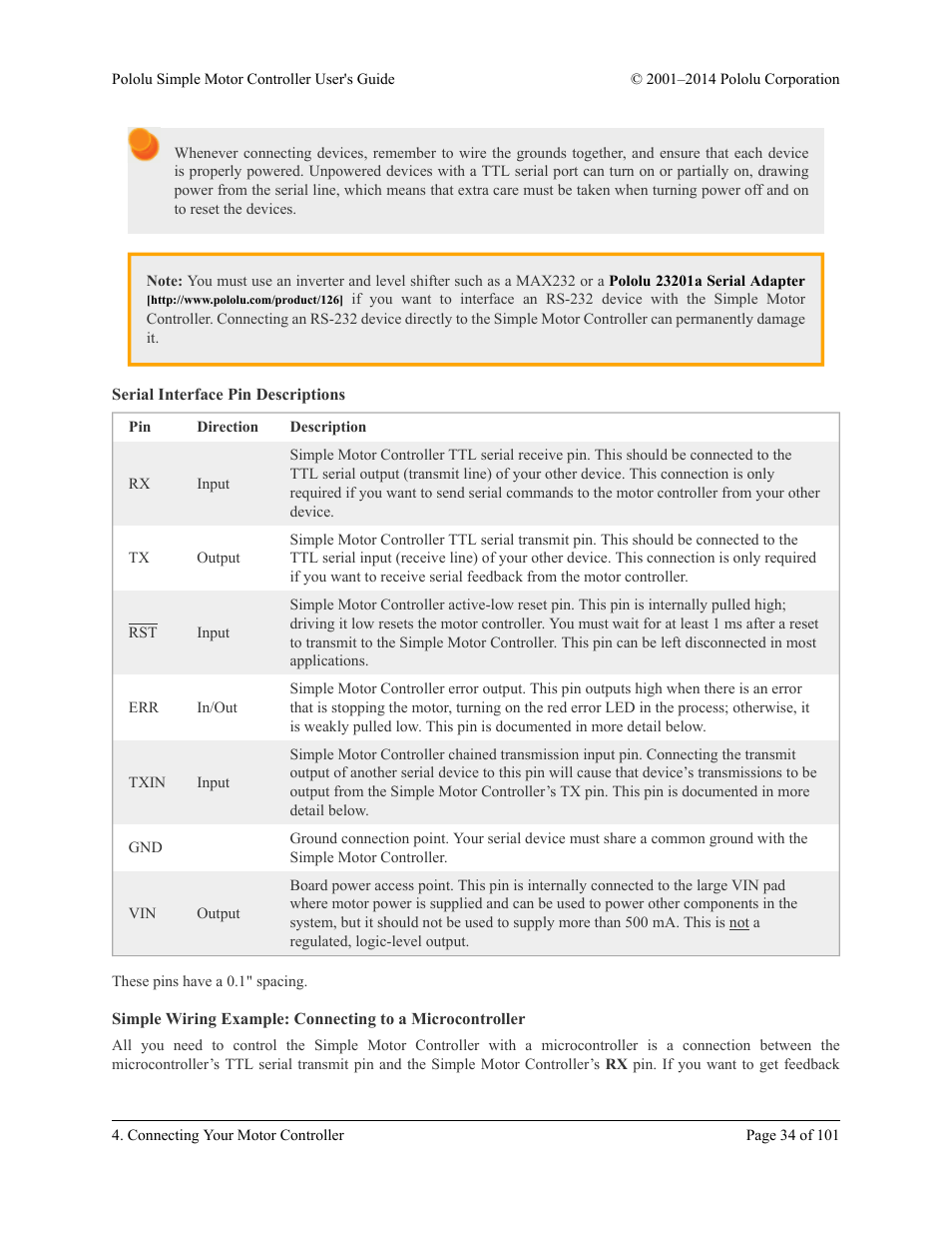 Serial interface pin descriptions | Pololu Simple User Manual | Page 34 / 101