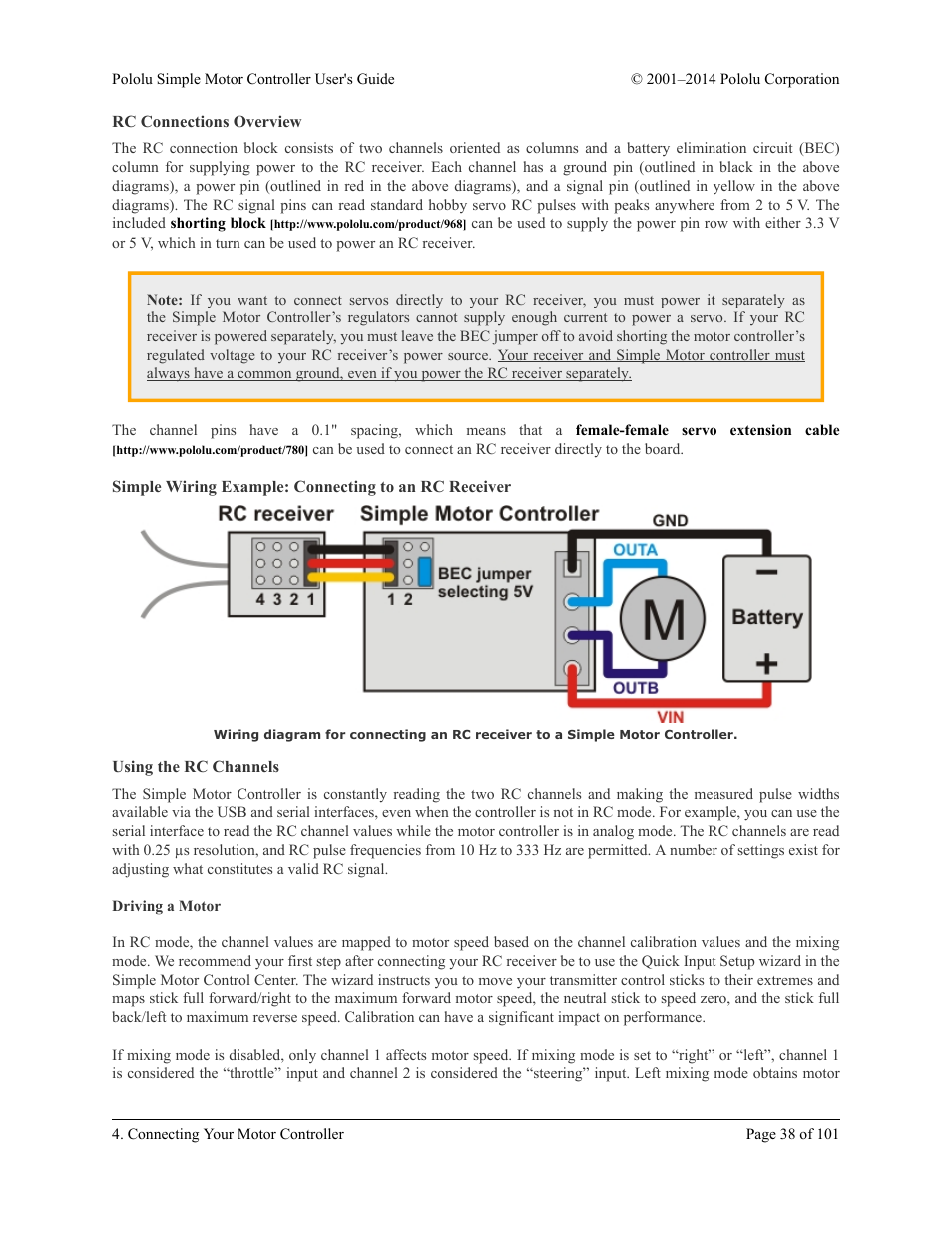 Rc connections overview, Using the rc channels | Pololu Simple User Manual | Page 38 / 101