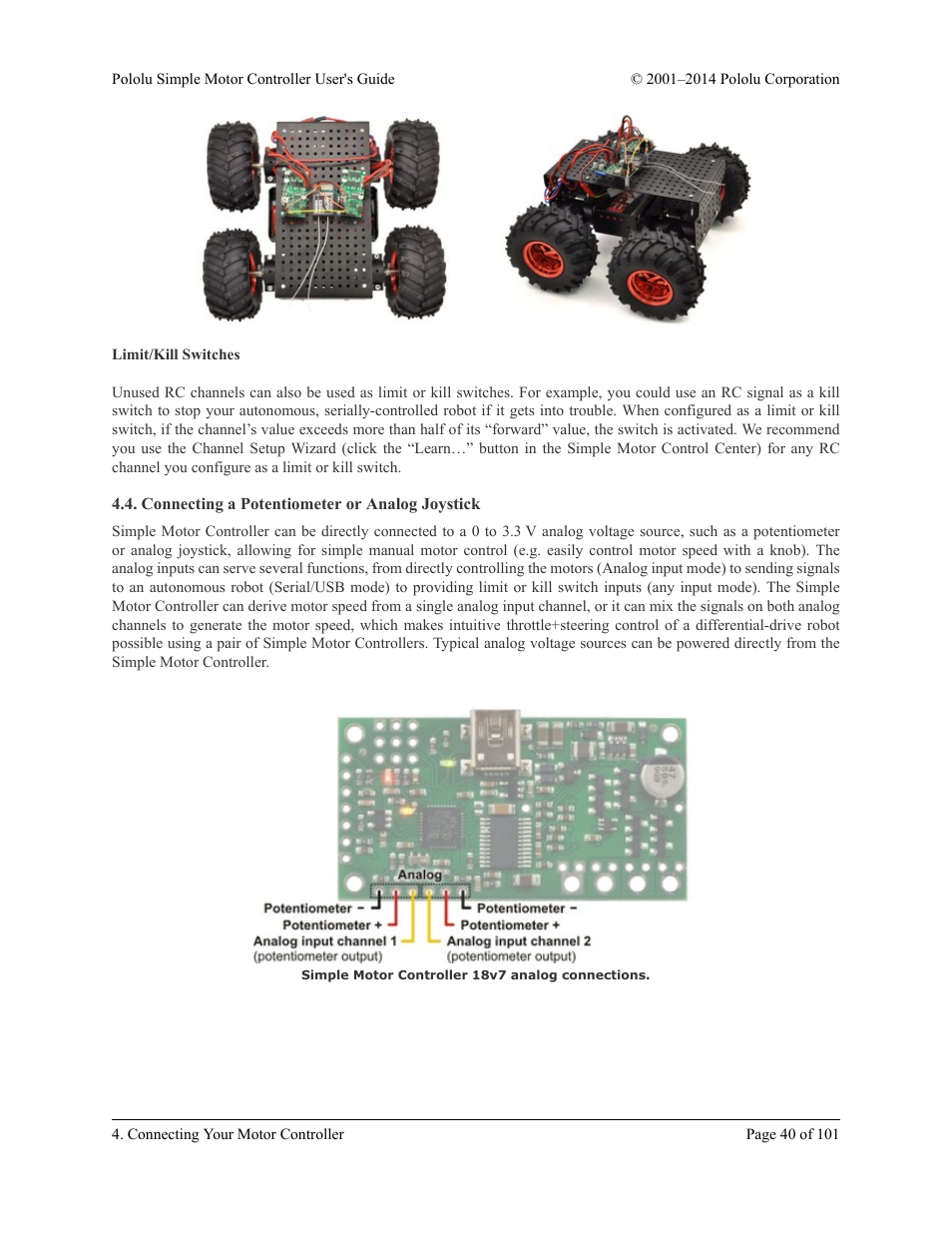 Connecting a potentiometer or analog joystick | Pololu Simple User Manual | Page 40 / 101