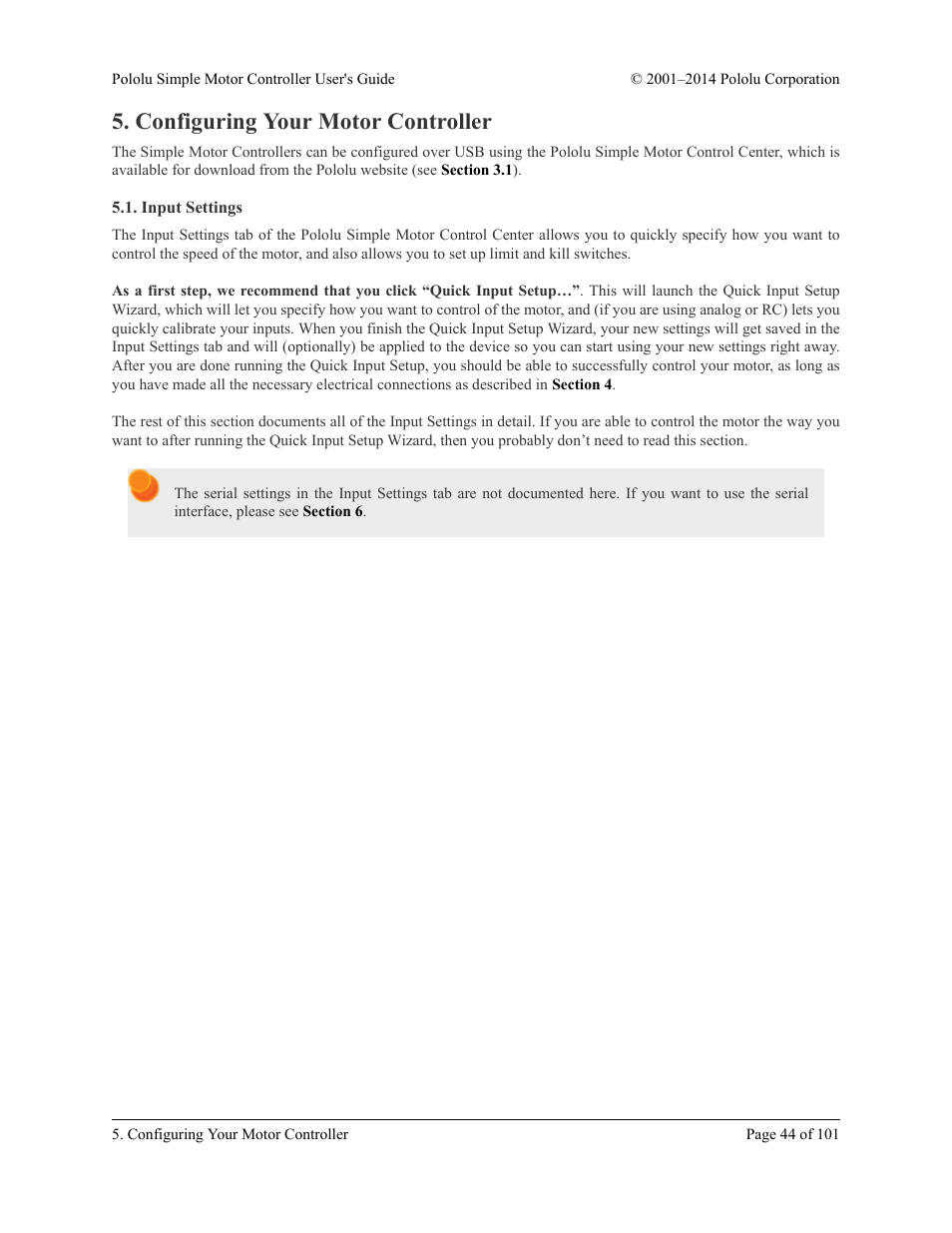 Configuring your motor controller, Input settings | Pololu Simple User Manual | Page 44 / 101