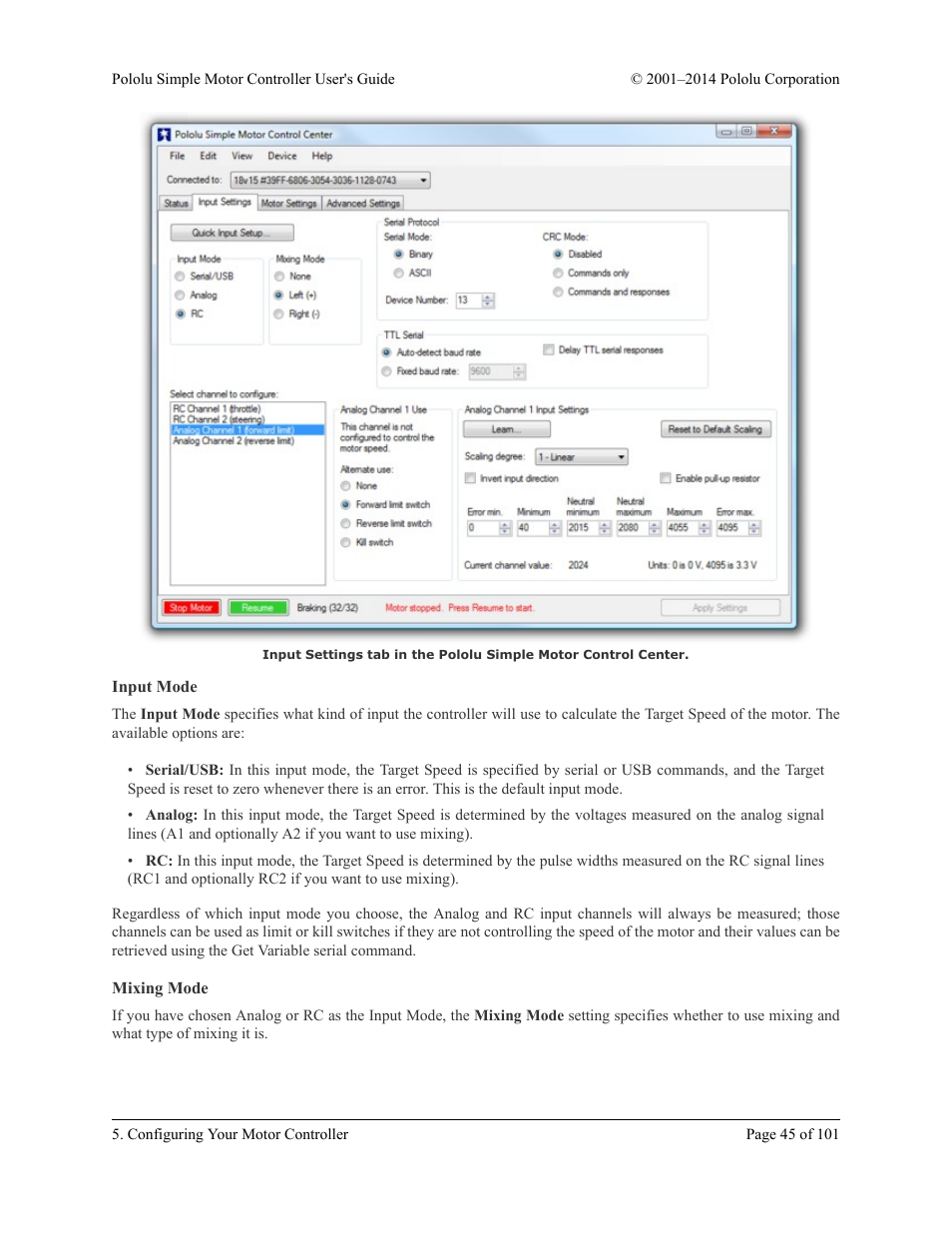 Input mode, Mixing mode | Pololu Simple User Manual | Page 45 / 101