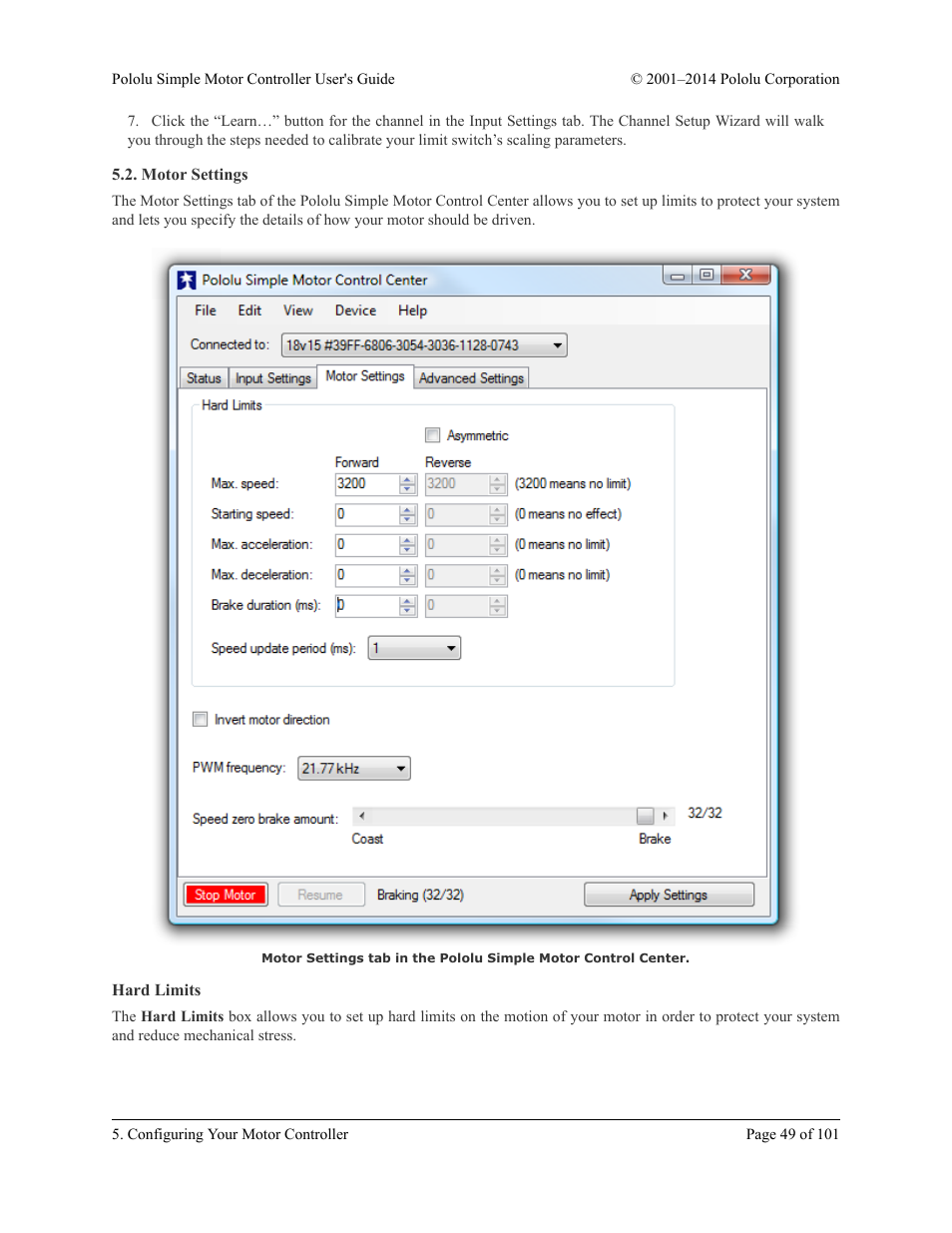 Motor settings, Hard limits | Pololu Simple User Manual | Page 49 / 101