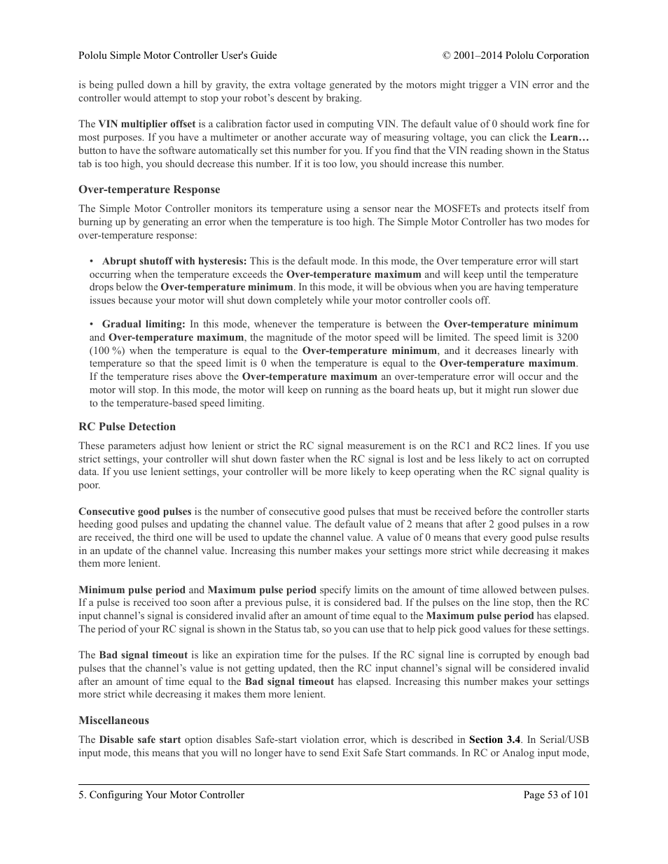 Over-temperature response, Rc pulse detection, Miscellaneous | Pololu Simple User Manual | Page 53 / 101