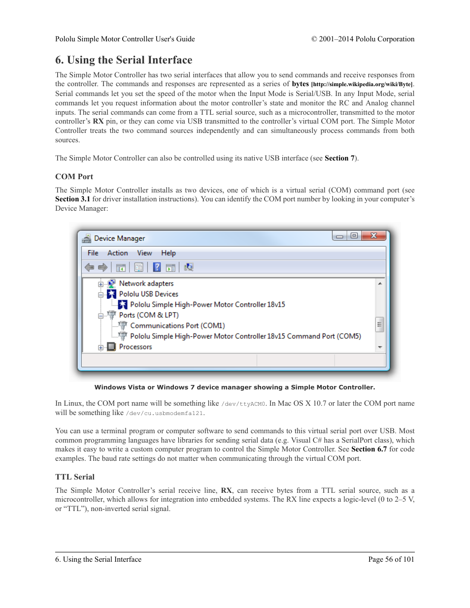 Using the serial interface, Com port, Ttl serial | Section 6 | Pololu Simple User Manual | Page 56 / 101