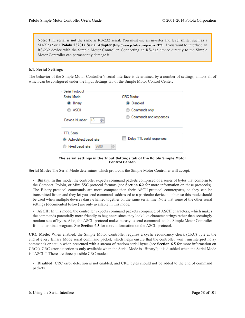 Serial settings | Pololu Simple User Manual | Page 58 / 101