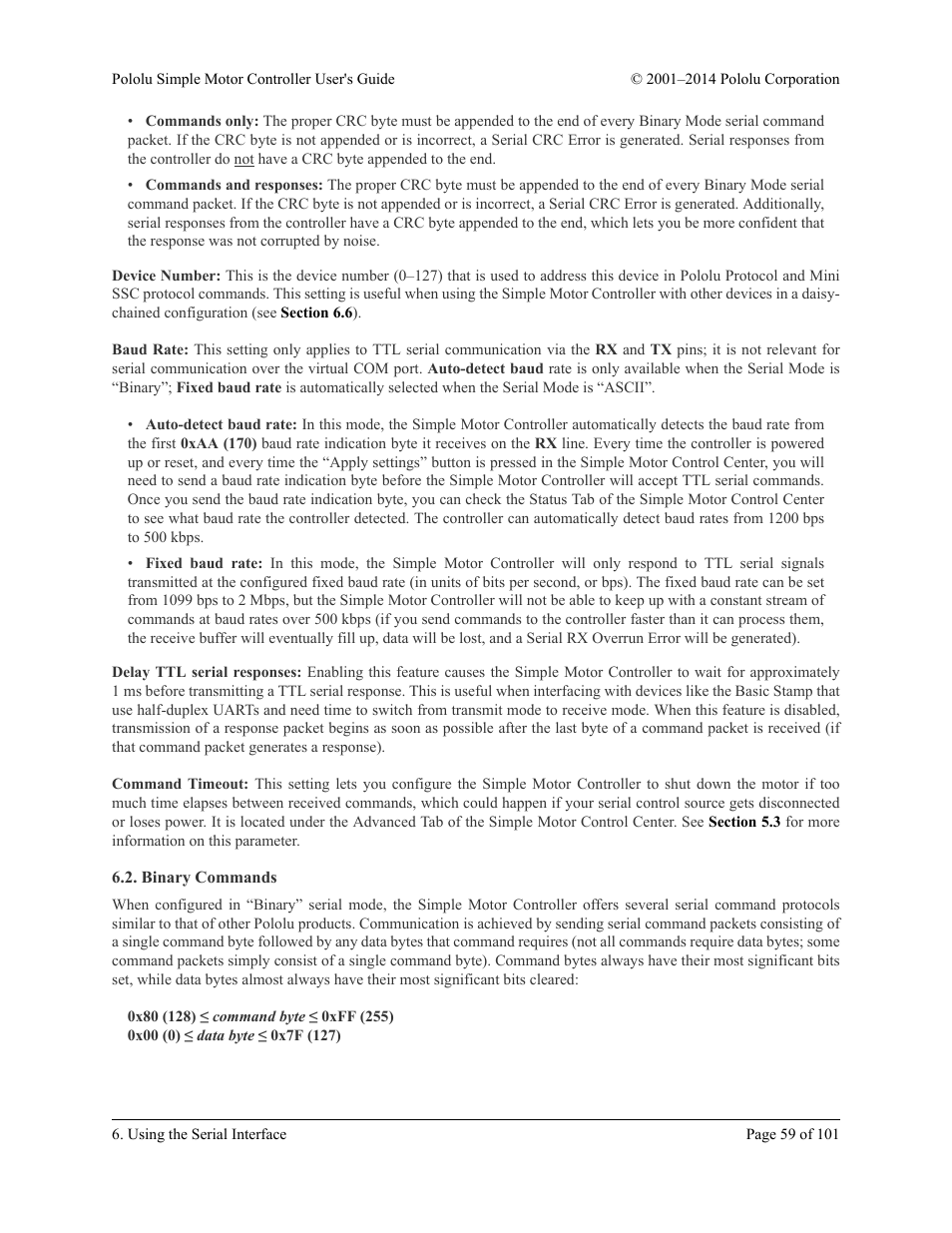 Binary commands | Pololu Simple User Manual | Page 59 / 101