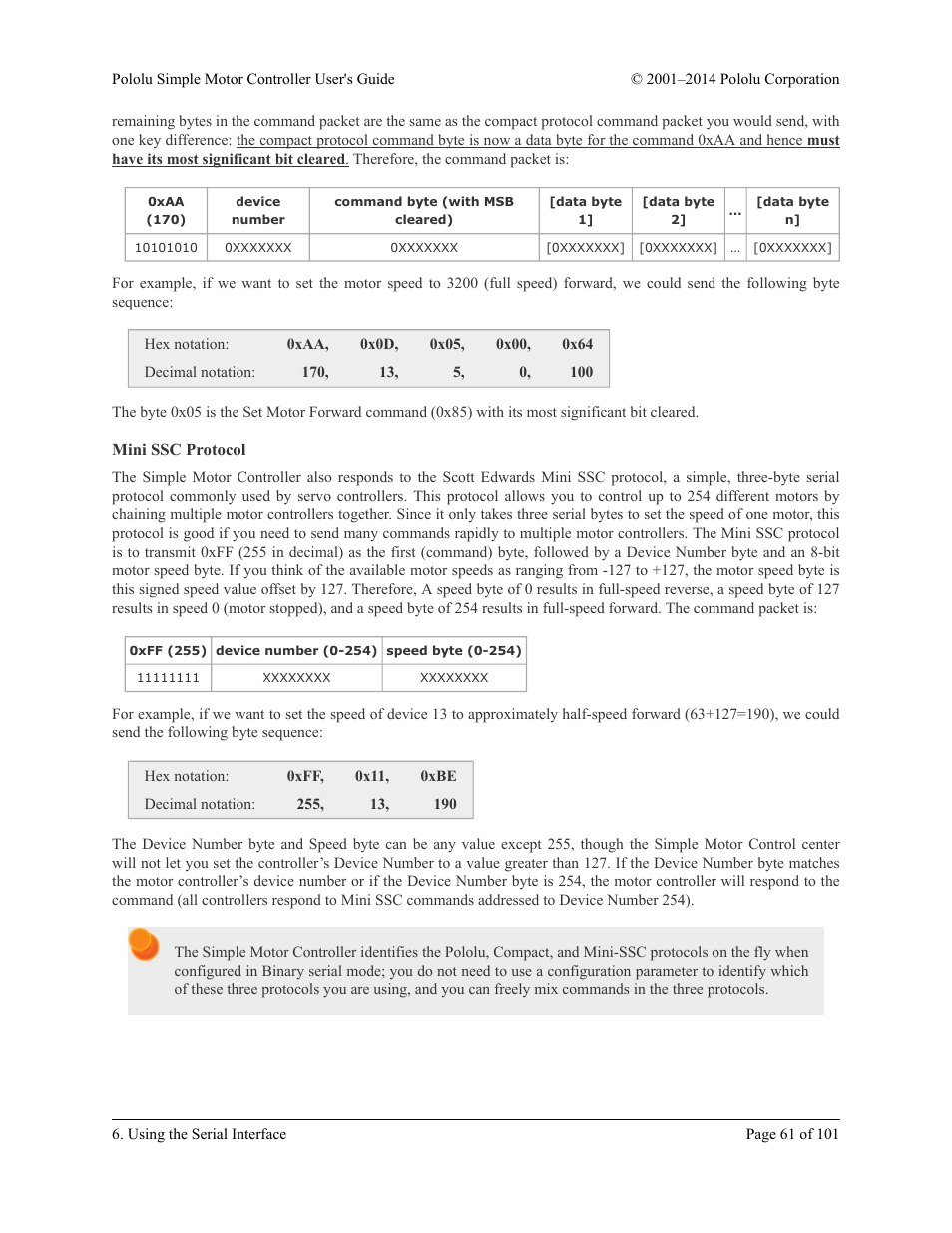 Mini ssc protocol | Pololu Simple User Manual | Page 61 / 101