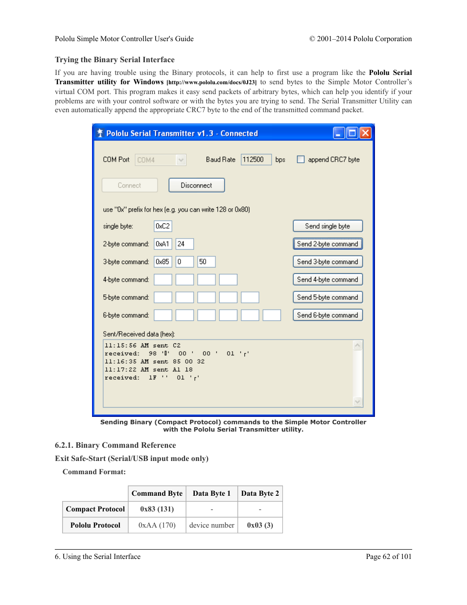 Trying the binary serial interface, Binary command reference, Exit safe-start (serial/usb input mode only) | Pololu Simple User Manual | Page 62 / 101