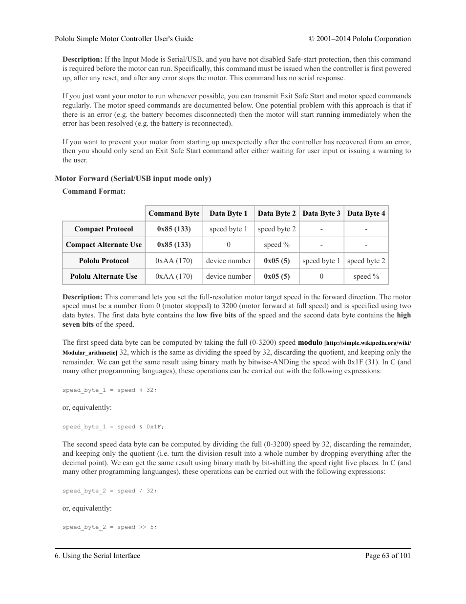 Motor forward (serial/usb input mode only) | Pololu Simple User Manual | Page 63 / 101