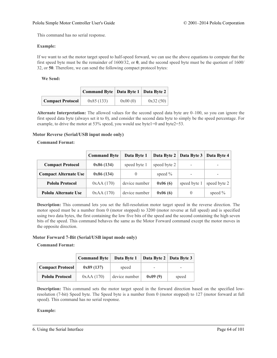 Motor reverse (serial/usb input mode only), Motor forward 7-bit (serial/usb input mode only) | Pololu Simple User Manual | Page 64 / 101