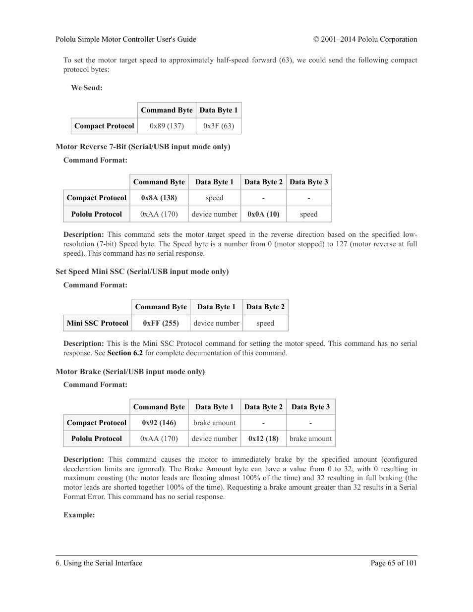 Motor reverse 7-bit (serial/usb input mode only), Set speed mini ssc (serial/usb input mode only), Motor brake (serial/usb input mode only) | Pololu Simple User Manual | Page 65 / 101