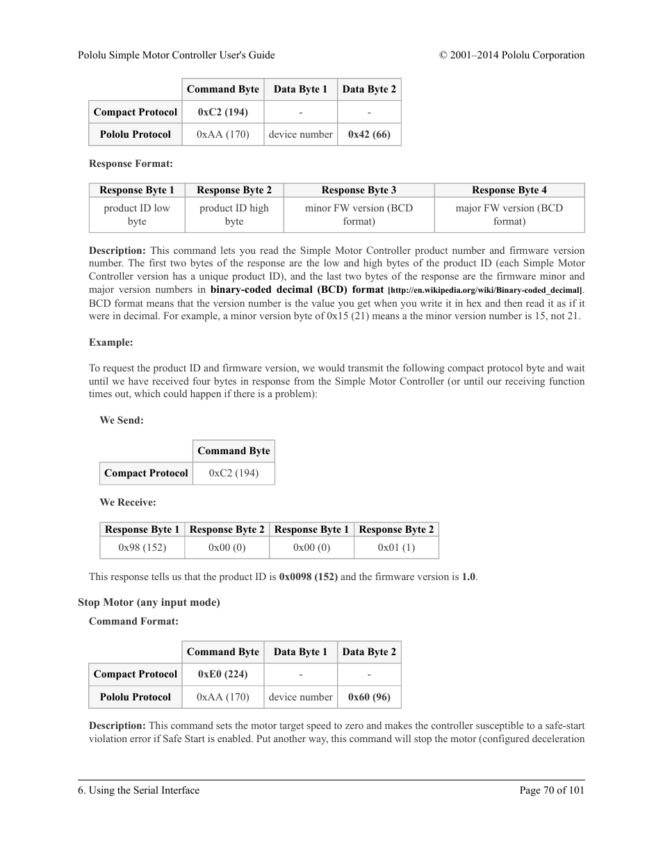 Stop motor (any input mode) | Pololu Simple User Manual | Page 70 / 101