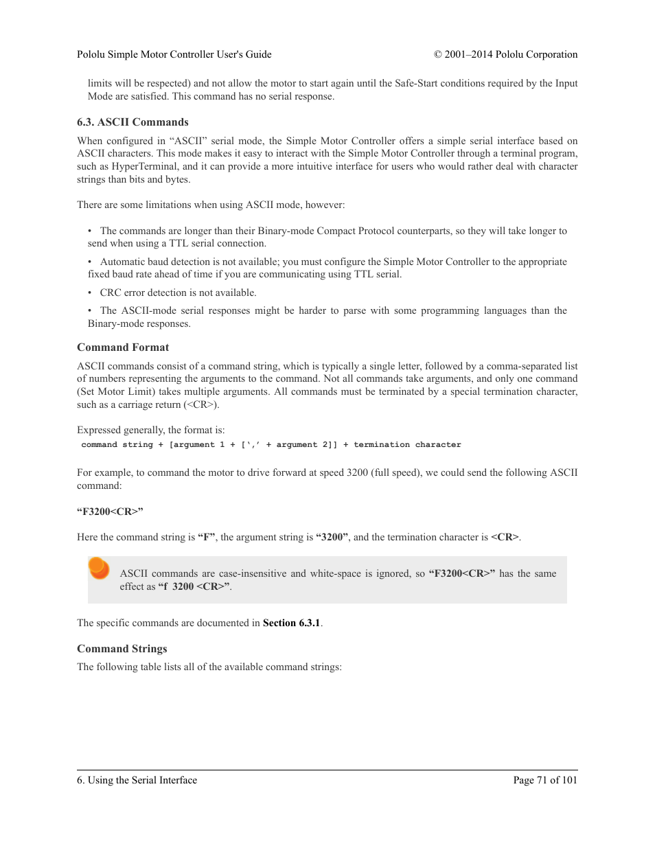 Ascii commands, Command format, Command strings | Pololu Simple User Manual | Page 71 / 101