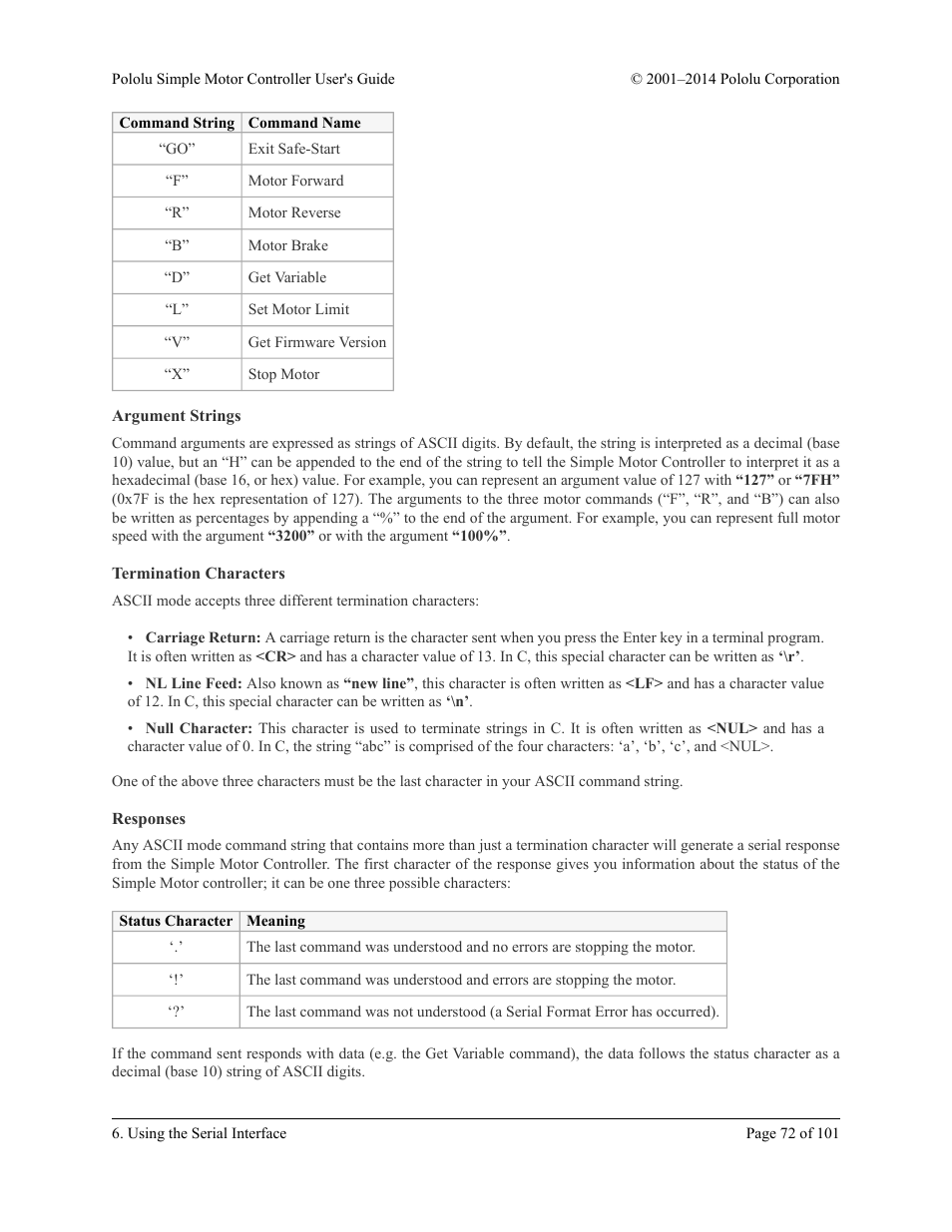 Argument strings, Termination characters, Responses | Pololu Simple User Manual | Page 72 / 101