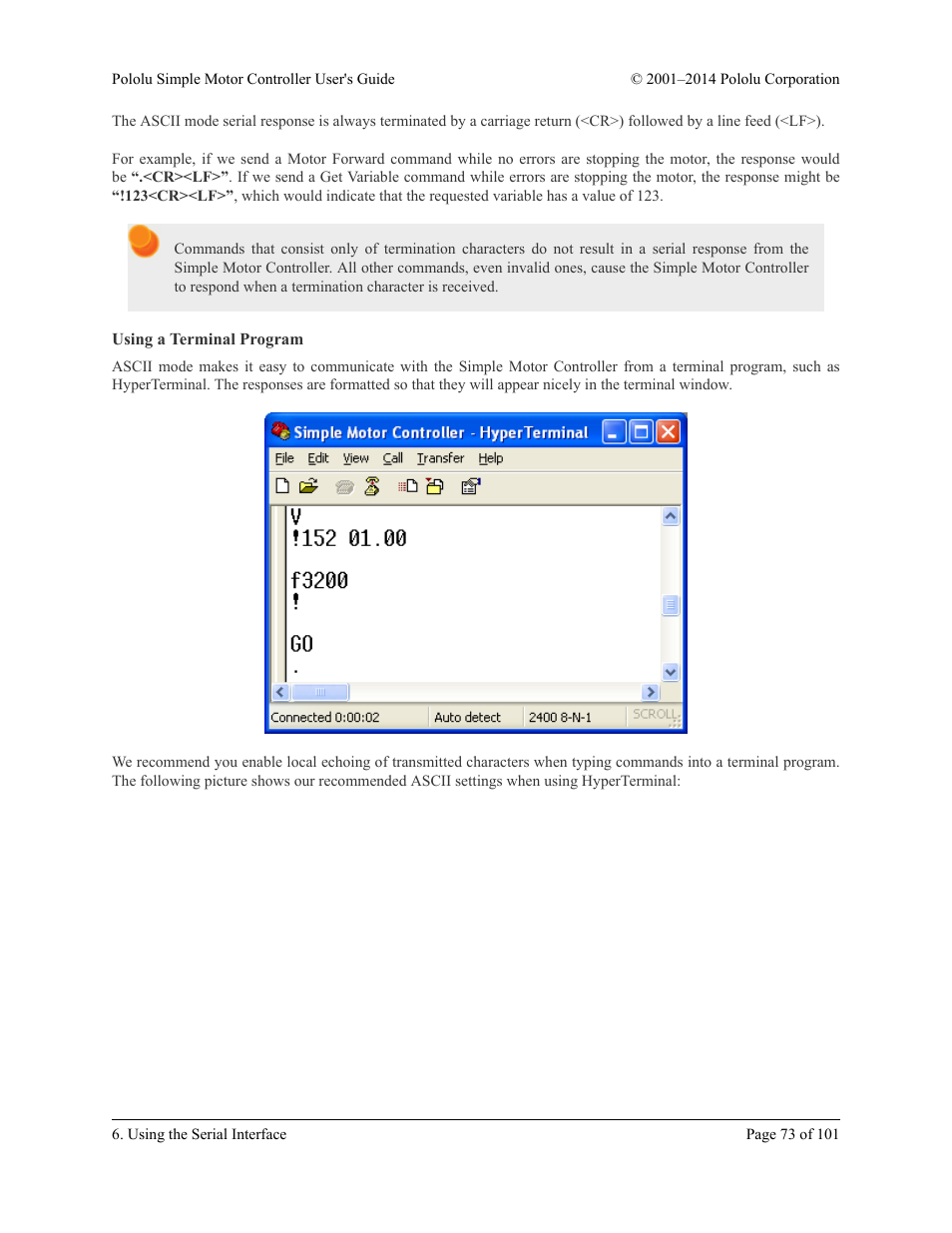 Using a terminal program | Pololu Simple User Manual | Page 73 / 101