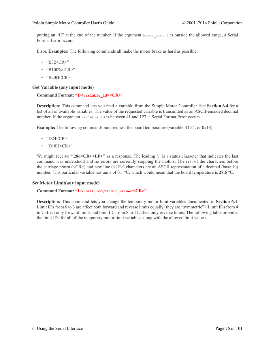 Get variable (any input mode), Set motor limit(any input mode) | Pololu Simple User Manual | Page 76 / 101