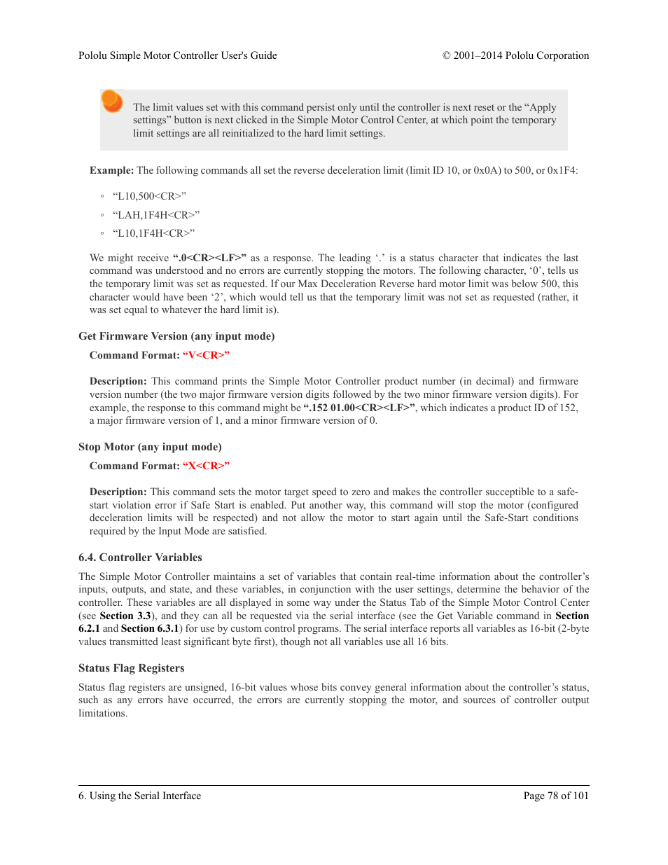 Get firmware version (any input mode), Stop motor (any input mode), Controller variables | Status flag registers, Section 6.4 | Pololu Simple User Manual | Page 78 / 101