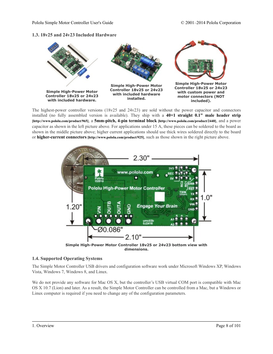 18v25 and 24v23 included hardware, Supported operating systems | Pololu Simple User Manual | Page 8 / 101