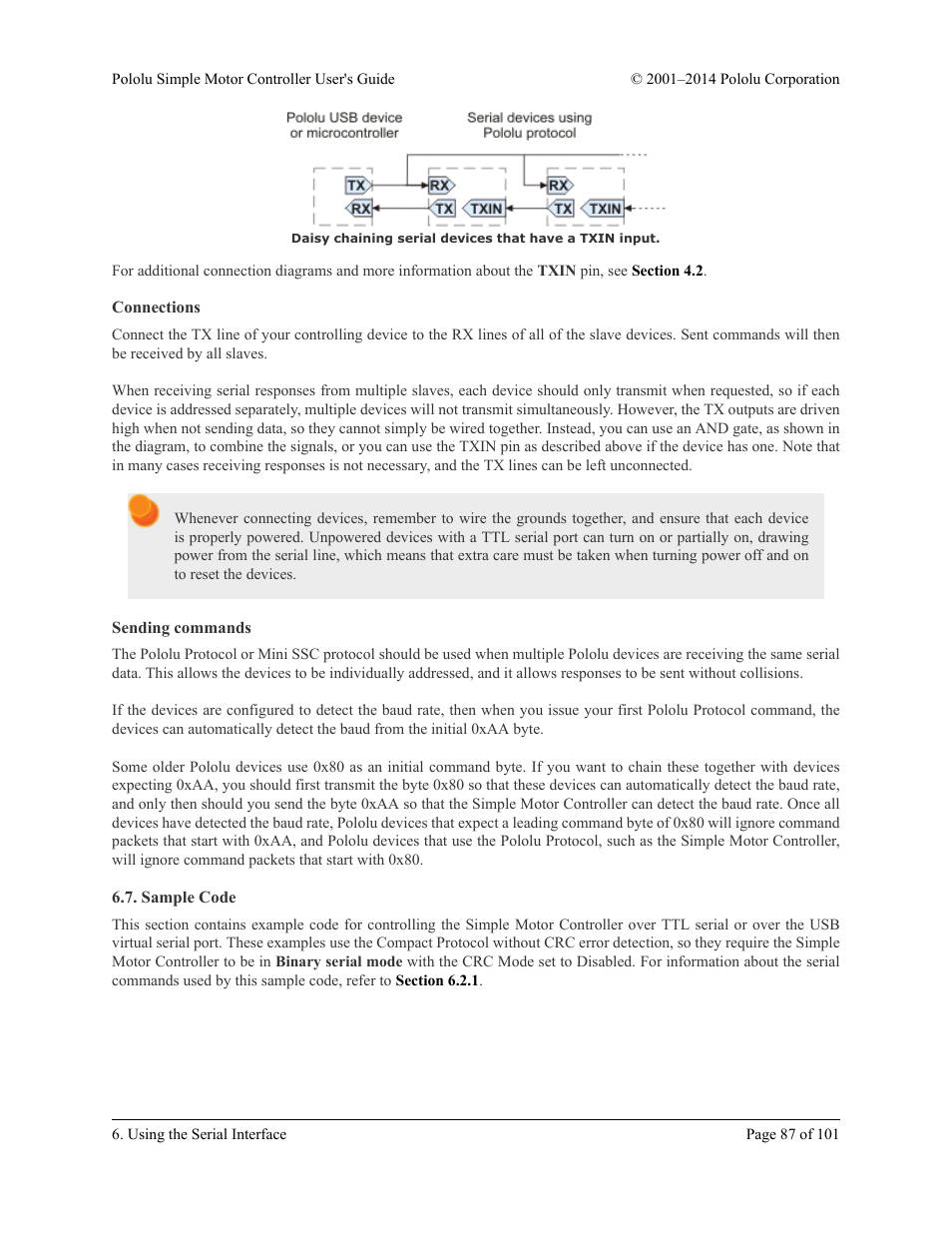 Connections, Sending commands, Sample code | Section 6.7 | Pololu Simple User Manual | Page 87 / 101