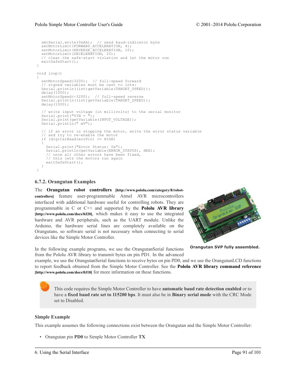 Orangutan examples, Simple example | Pololu Simple User Manual | Page 91 / 101