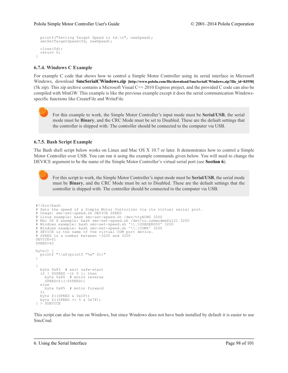 Windows c example, Bash script example, Windows c example 6.7.5. bash script example | Pololu Simple User Manual | Page 98 / 101