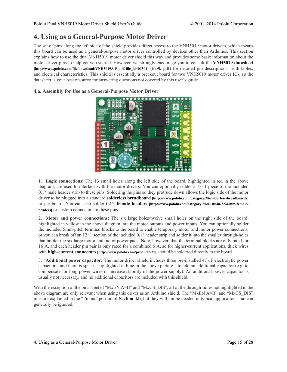 Using as a general-purpose motor driver, Section 4 | Pololu Dual VNH5019 User Manual | Page 15 / 28