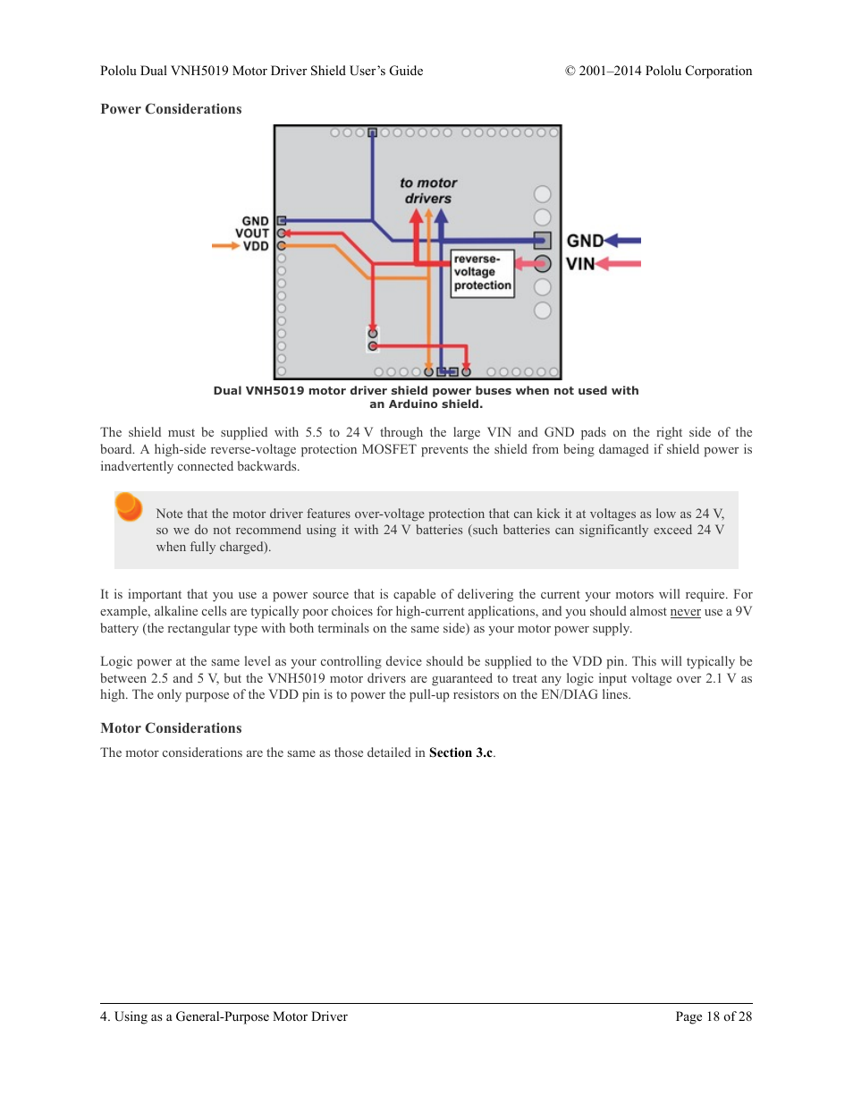 Power considerations, Motor considerations | Pololu Dual VNH5019 User Manual | Page 18 / 28