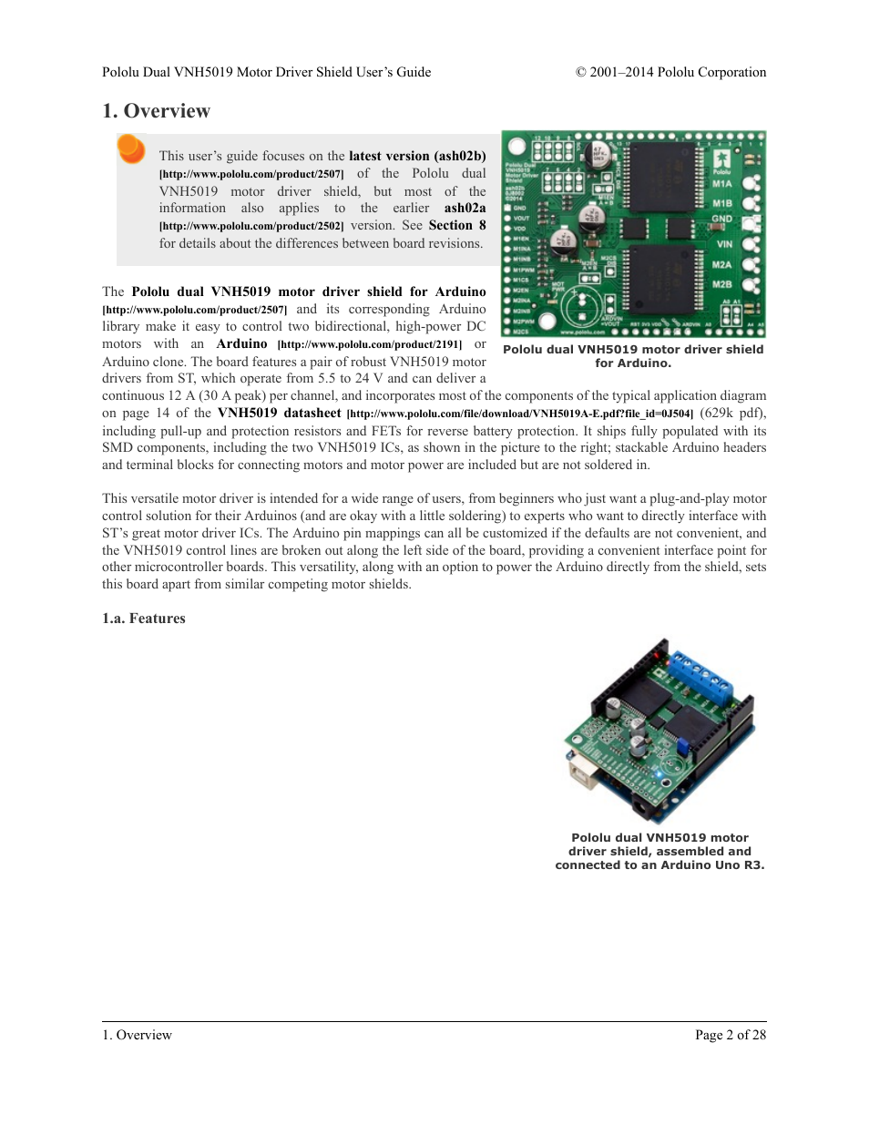 Overview, A. features | Pololu Dual VNH5019 User Manual | Page 2 / 28