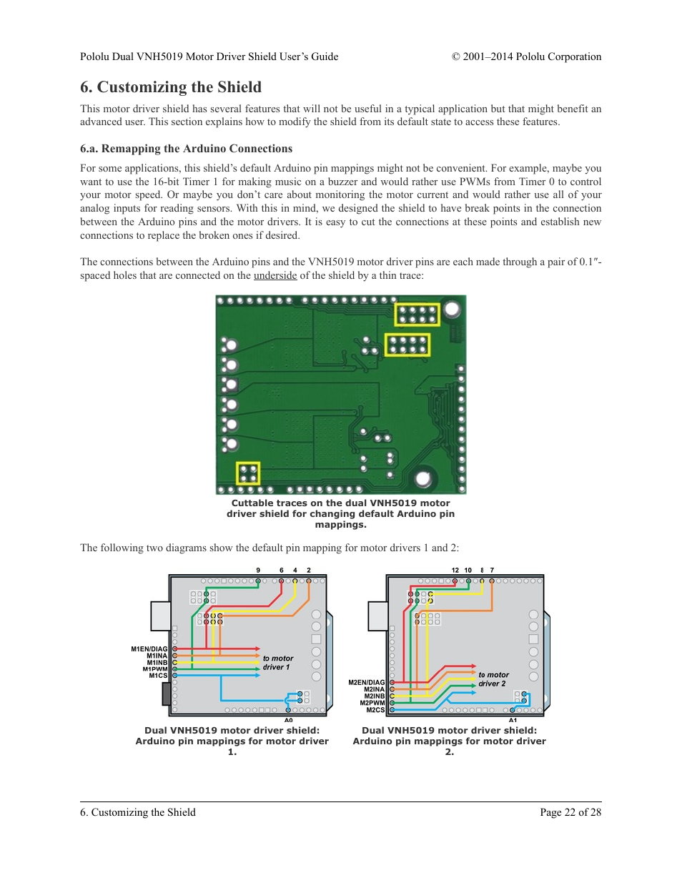 Customizing the shield, A. remapping the arduino connections, Section 6.a | Pololu Dual VNH5019 User Manual | Page 22 / 28